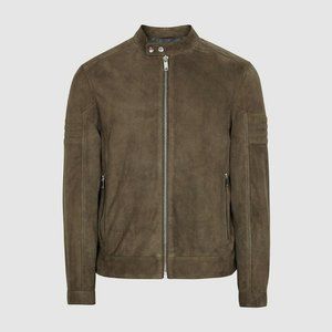 Reiss Men's Marko Suede Cafe Racer Jacket Mushroom Silver Size Small NWT
